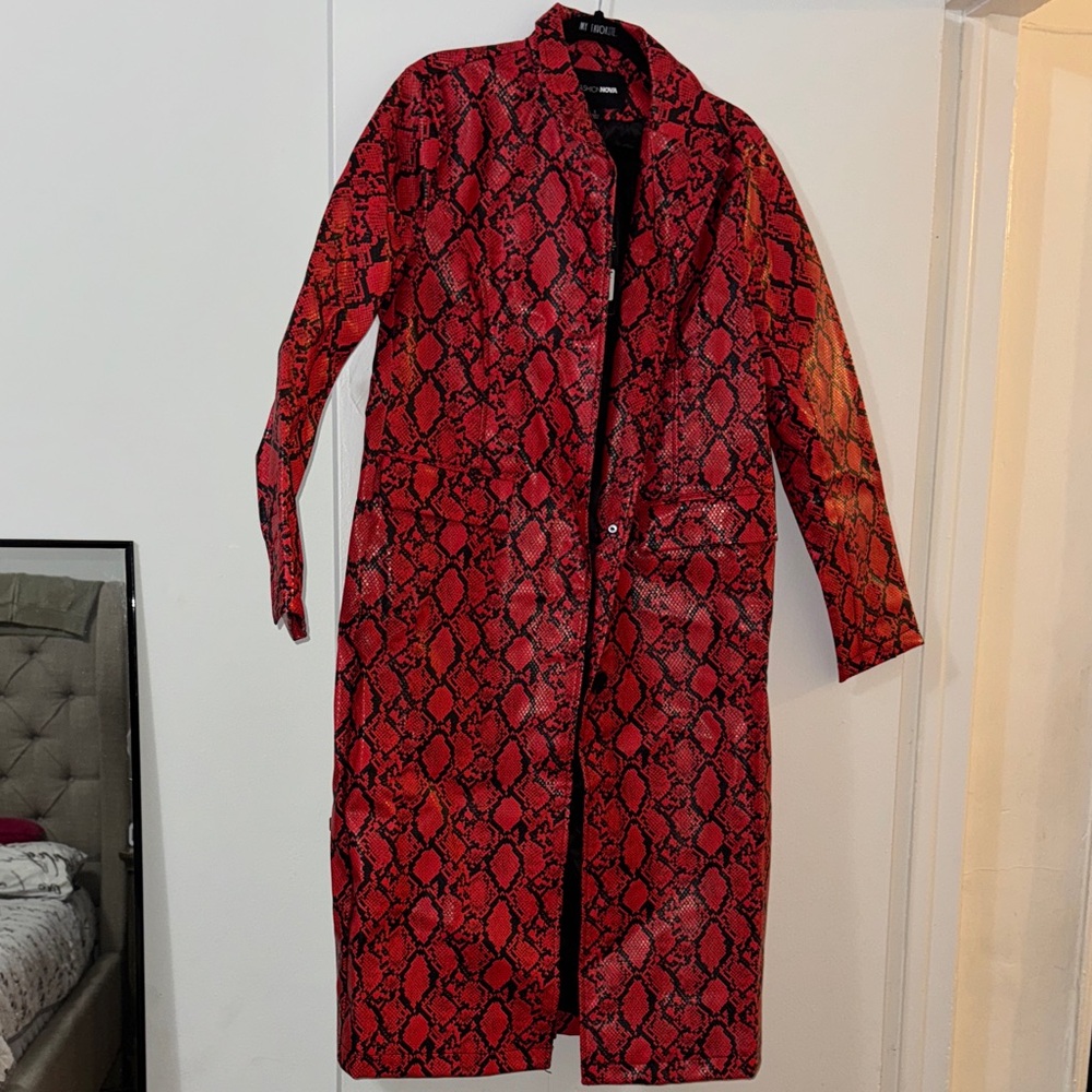 Fashion Nova Red and Black Snake Print Coat
